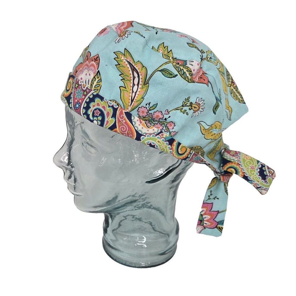 Handmade Surgical Dental Medical Adjustable Cap Hat Blue Floral Unisex One Size